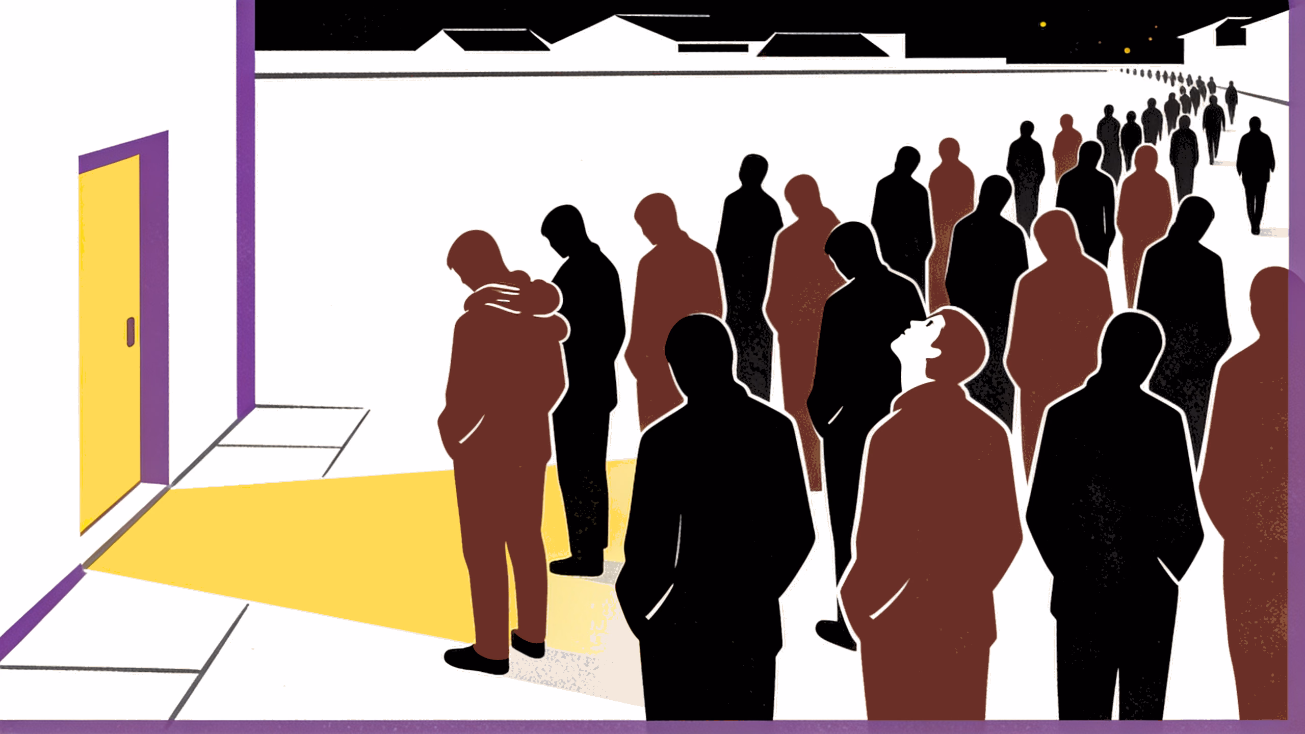 Risograph print of a crowd as flat ink silhouettes