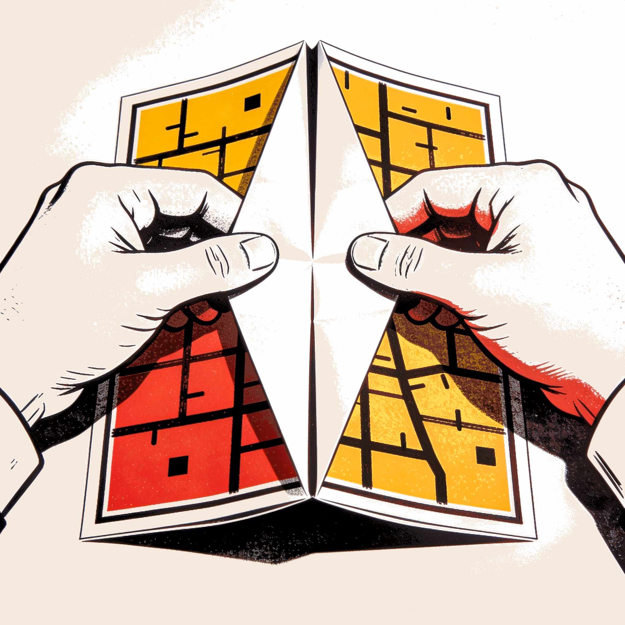 Risograph print of hands folding a city map closed